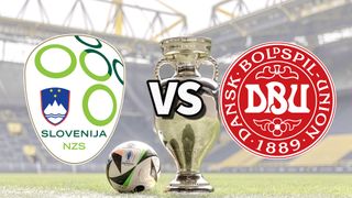 The Slovenia and Denmark club badges on top of a photo of the Euro 2024 trophy and match ball