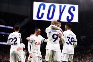 Richarlison of Tottenham Hotspur celebrates scoring their team's second goal with teammate Son Heung-Min during the Premier League match between Tottenham Hotspur and Newcastle United at Tottenham Hotspur Stadium on December 10, 2023 in London, England.