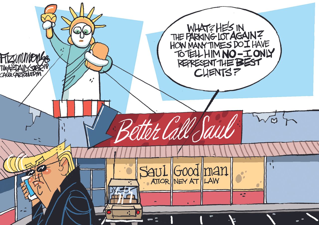 Political cartoon U.S. Trump legal trouble Better Call Saul lawyers