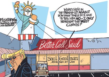 Political cartoon U.S. Trump legal trouble Better Call Saul lawyers