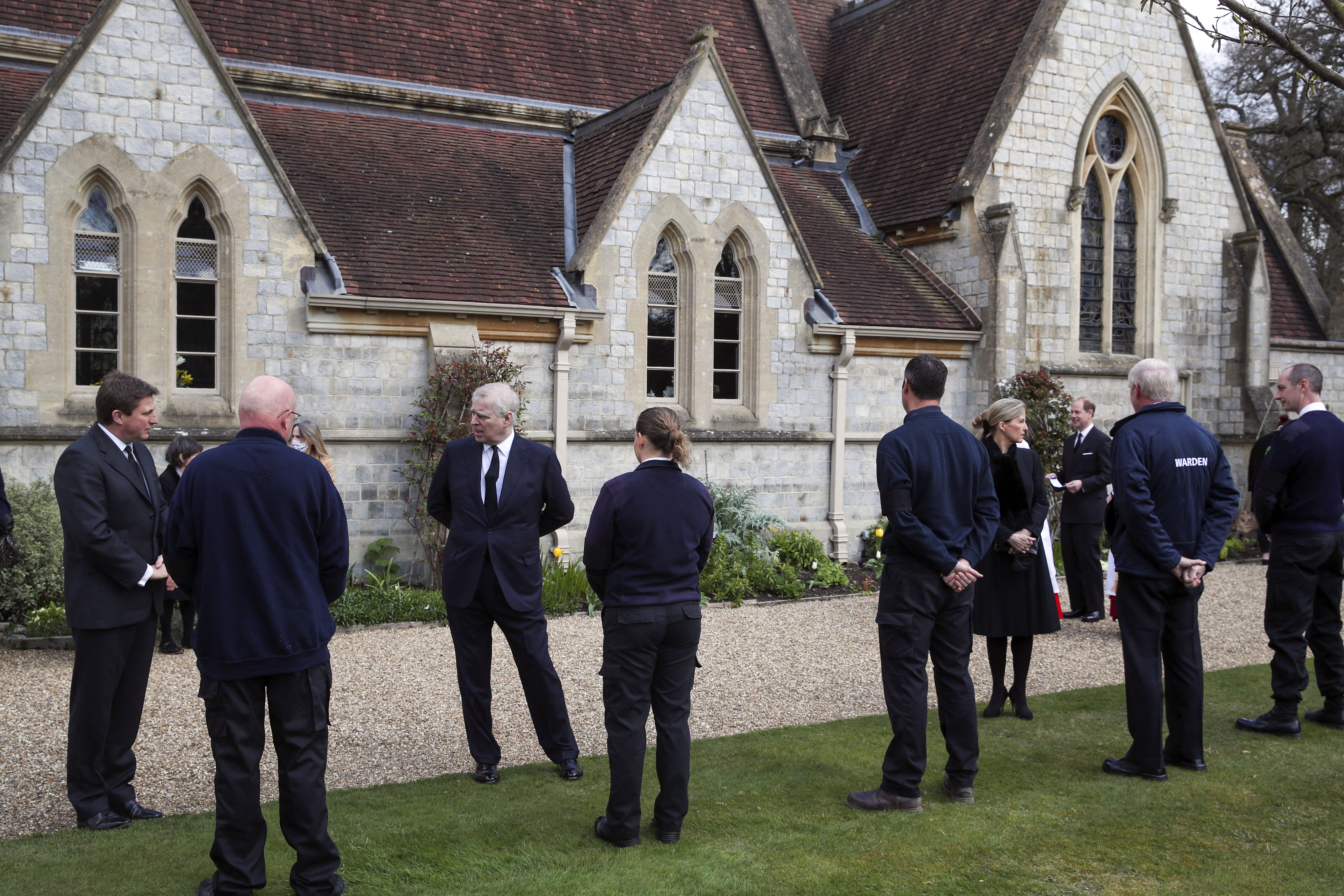 Prince Andrew, Duchess Sophie and Prince Edward outside the Royal Chapel of All Saints, at Royal Lodge