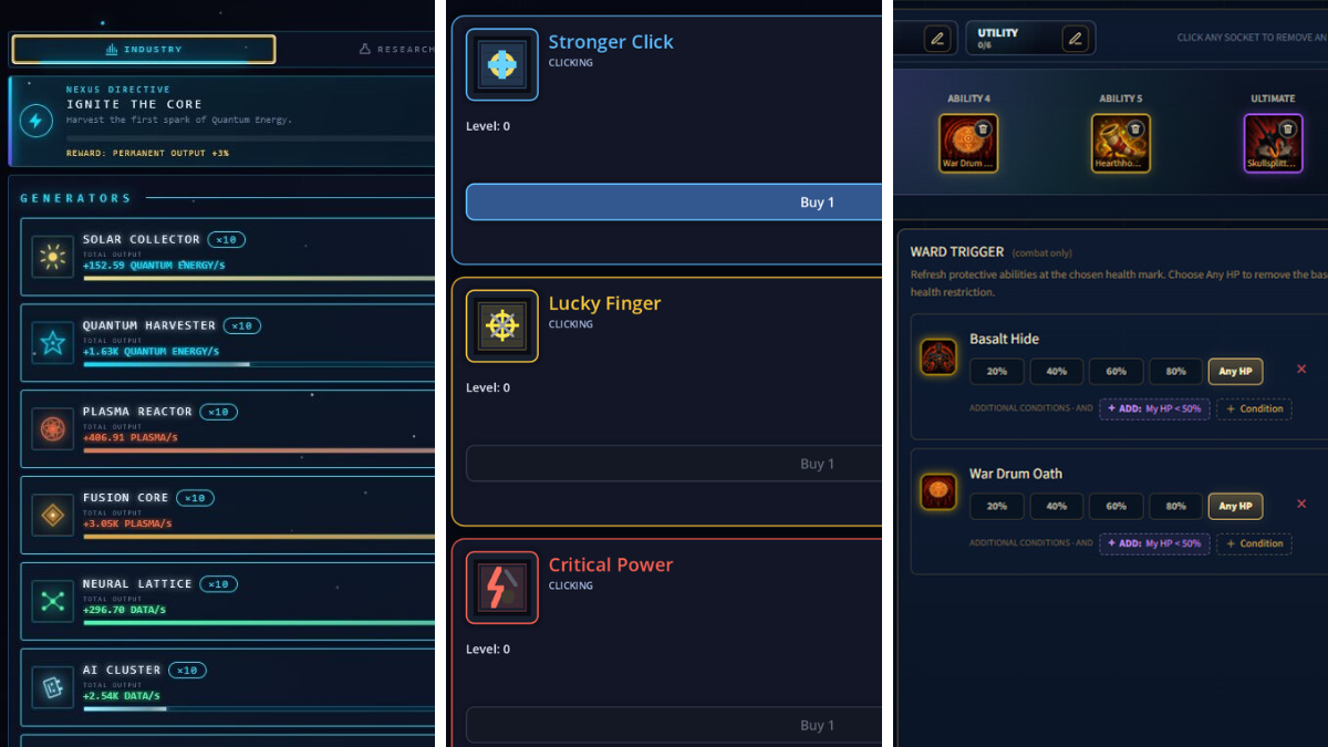 Three idle games side-by-side