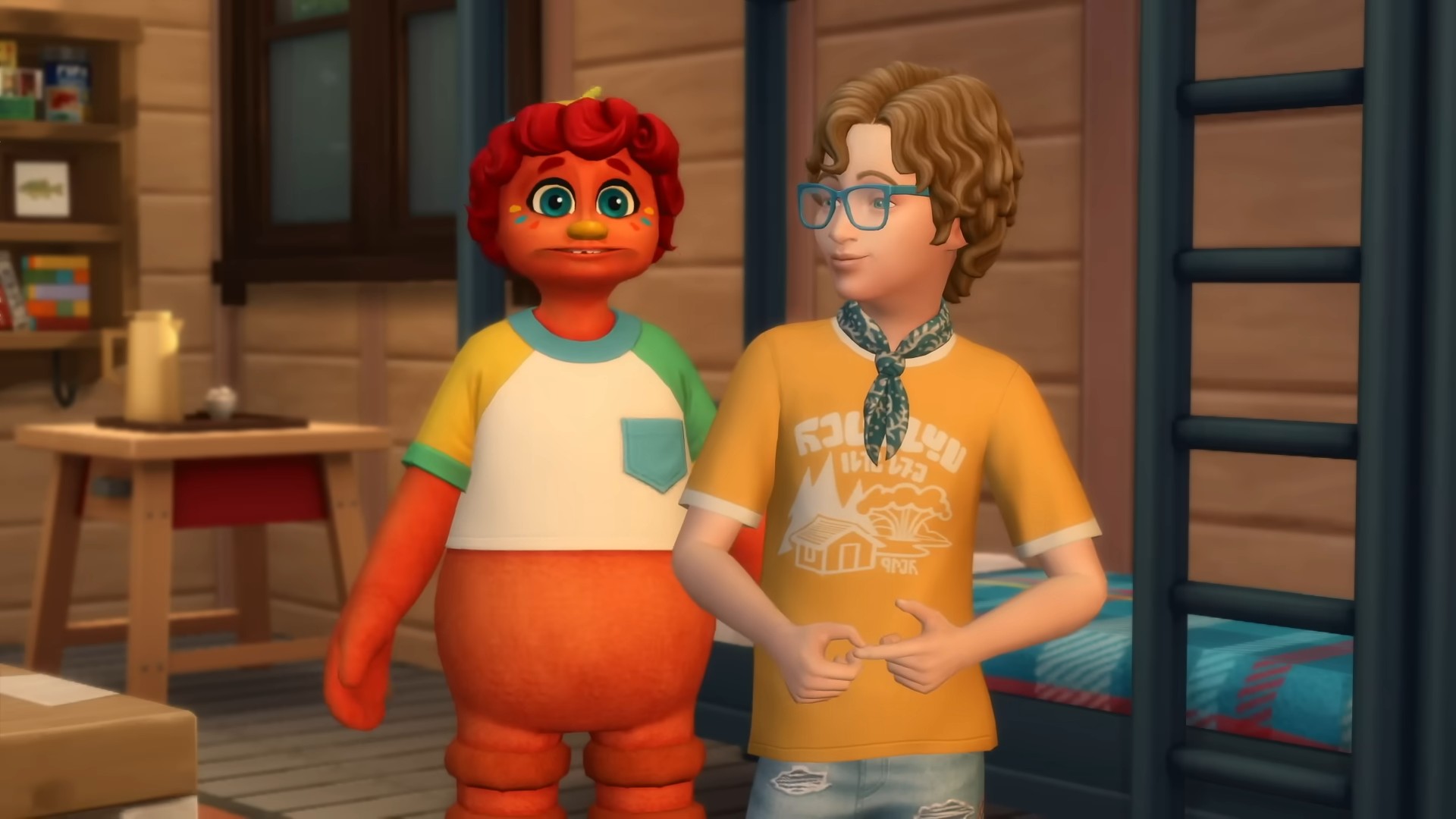 A kid and his imaginary friend in The Sims 4 Adventure Awaits expansion.
