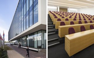The picture to the left shows the facade of the building with panoramic windows and flags on the poles in front. The photo to the left, shows a lecture hall, with light wood desks and red chairs on multiple levels.