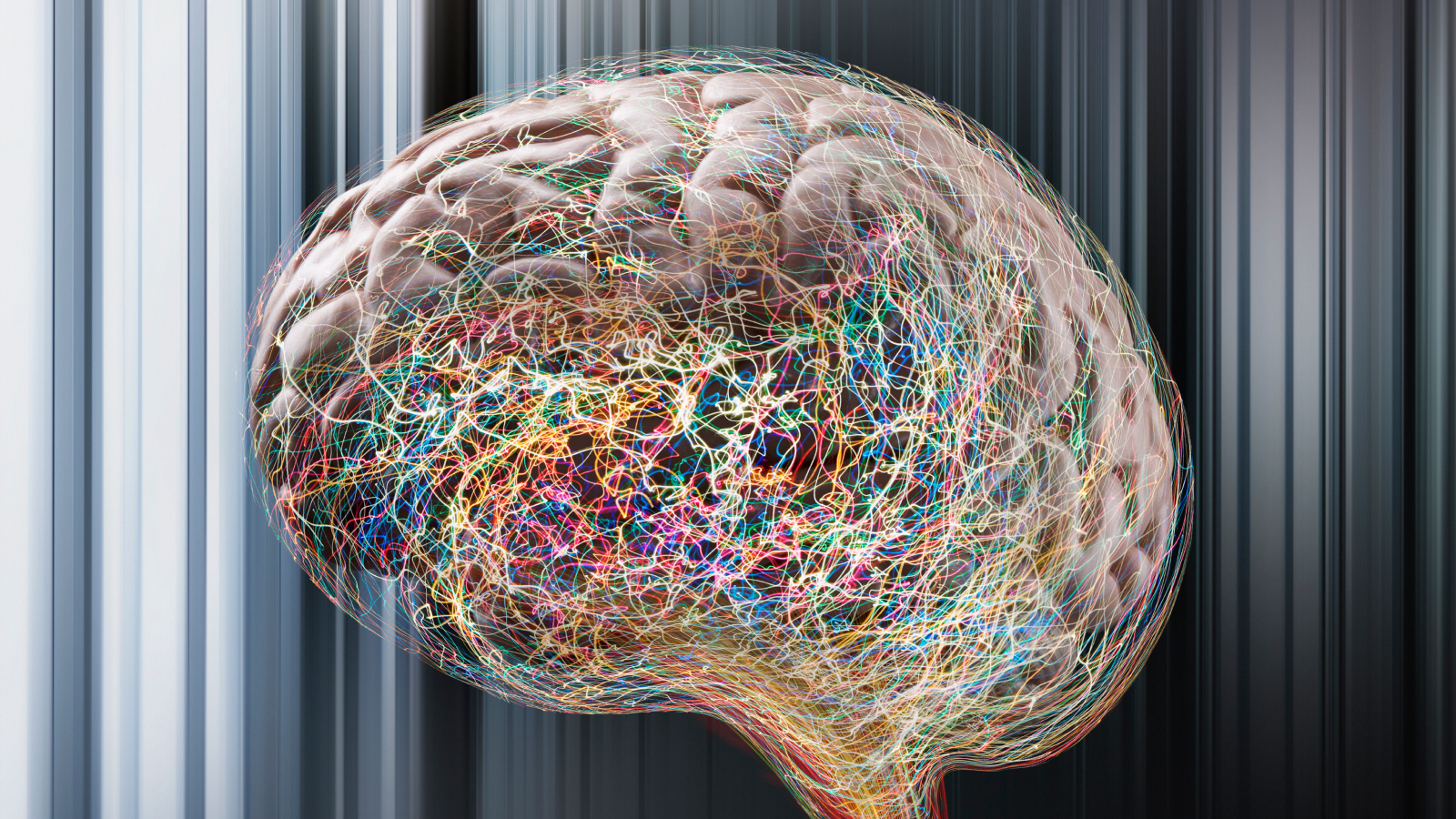 Brain surrounded by colorful lines.