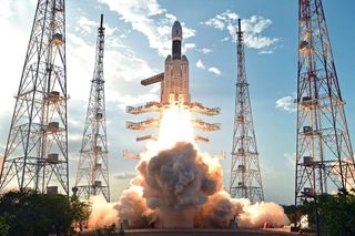 The first Geosynchronous Satellite Launch Vehicle Mark III rocket launches from India's Satish Dhawan Space Center Centre in Sriharikota on June 5, 2017. The mission launched the GSAT-19 communications satellite for India.