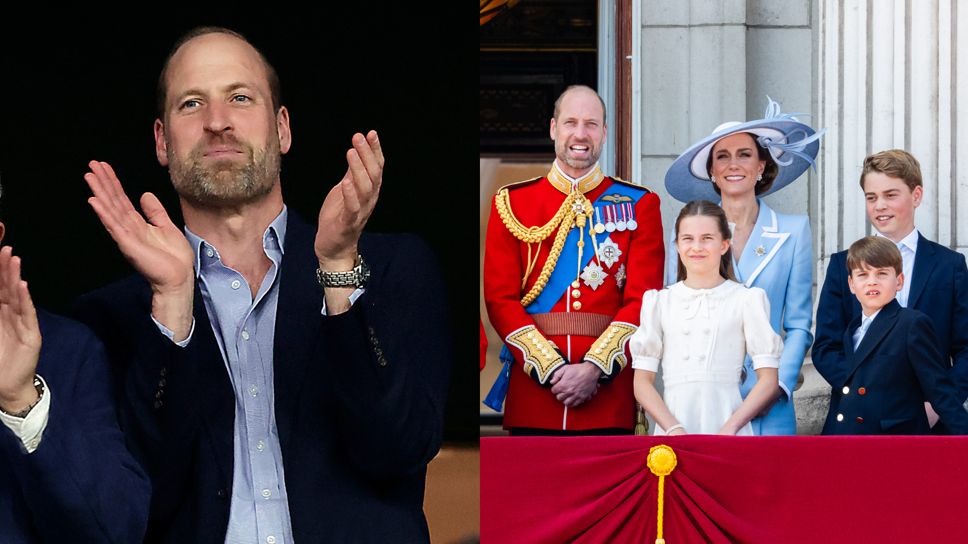 A split image of Prince William clapping and Prince William, Princess Kate, Princess Charlotte, Prince George and Prince Louis at Trooping the Colour