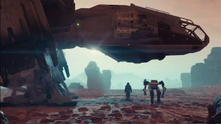 This is a screenshot from the space role playing game Starfield. Here we see an astronaut and humanoid robot with long limbs walking side by side on a dusty, rocky red planet. They are walking underneath a futuristic spaceship.