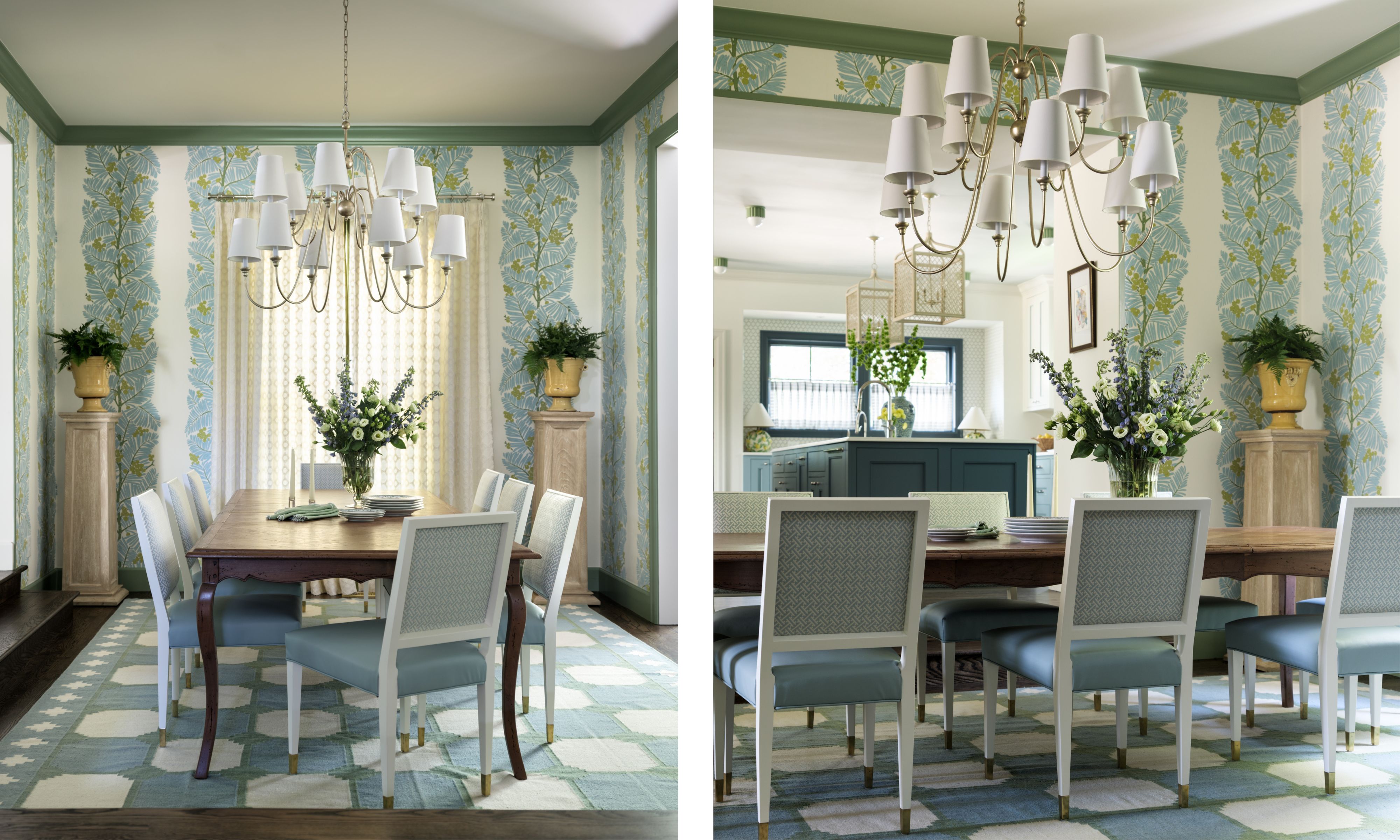 two side by side images of a blue wallpapered dining room with green trim and a folk weave rug