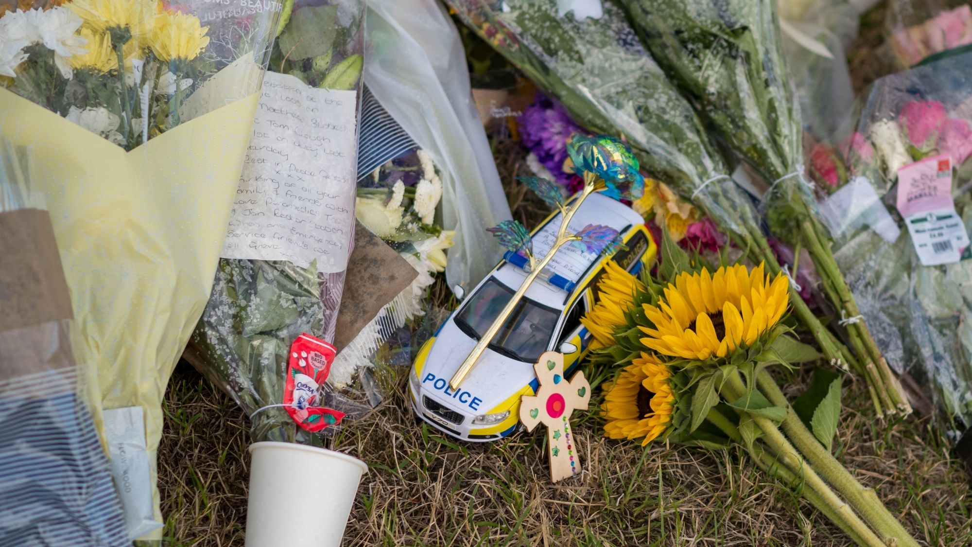 Tributes are left alongside the A66 road in Middlesbrough on August 25, 2026 in Middlesbrough, England.