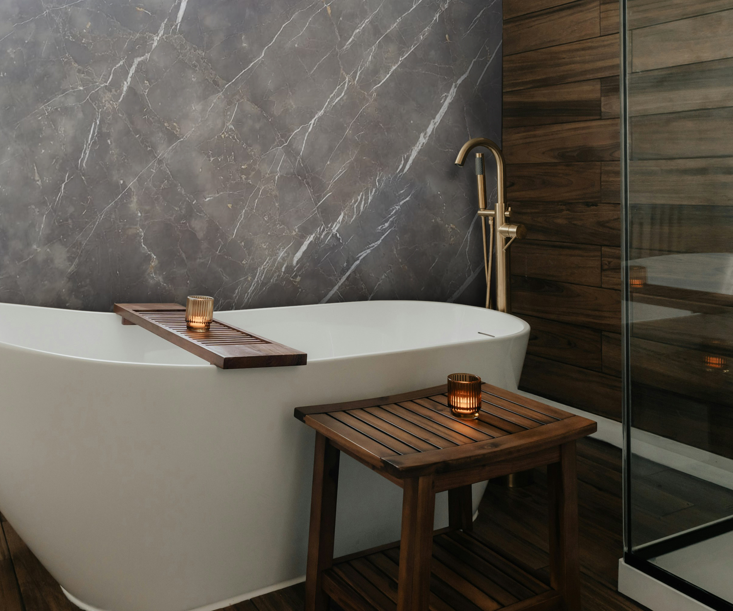 bathroom with walnt wood panelled wall and grey stone marble effect wall panel