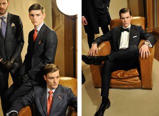 Left: Twill three piece suit in navy; Pale blue and red wave jacquard shirt; Red twig print silk scarf tie; Burgundy and navy paisley print silk pocket square; Rotating azurite globe cufflinks; Navy nappa leather gloves with silk lining and metal AD embroidery; Tan scotchgrain brogue Derby ﻿Right: Single-breasted two colour textured dinner jacket in navy with black trims; Black silk grosgrain bow tie with silver Art Deco Hand & Lock embroidery; White shirt; Black silk grosgrain cummerbund; Crushed sapphire dress studs and cufflinks; Grey mother of pearl facet watch; Black patent evening shoes