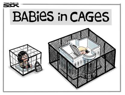Political Cartoon U.S. Trump bunker immigrant cages