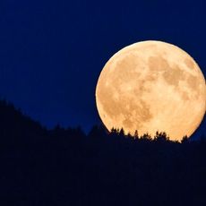 Supermoon glowing against blue sky