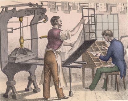 Illustration depicting a 19th century printer and typesetter in a workshop, circa 1850. The printer stands at the press while the typesetter sits selecting types for composition. (Photo by Hu