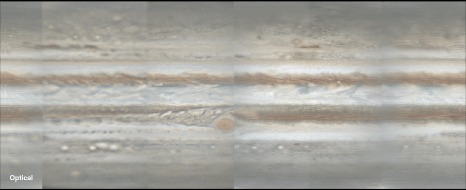 Transition from optical image of Jupiter to new radio map; many of the same features are visible. In the radio view, rising ammonia-rich gases are dark and sinking, ammonia-poor gases are bright. Clouds of condensed ammonia are not visible by radio.