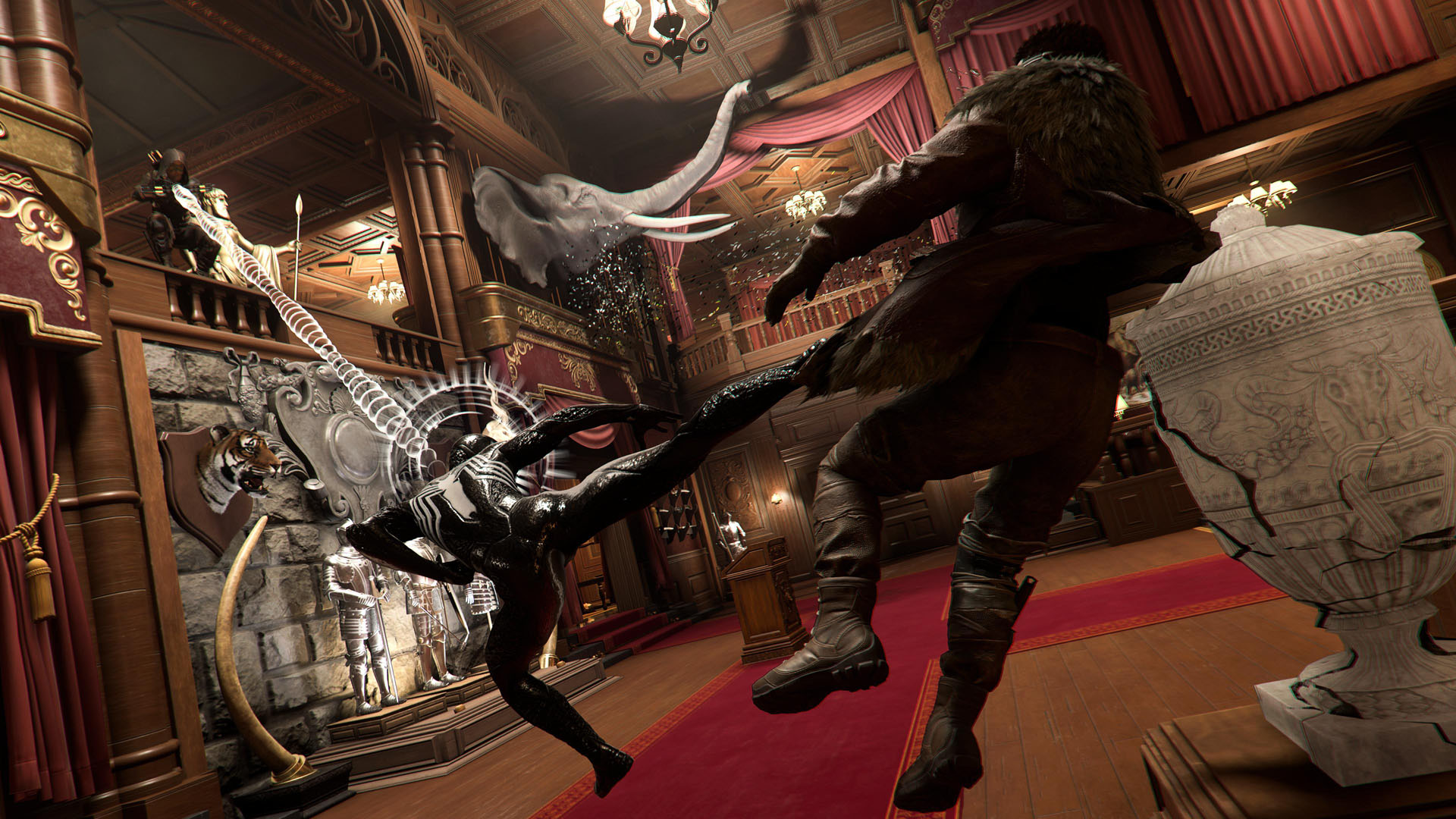 Peter kicks a thug in Kraven's mansion in the symbiote suit as another aims a gunshot in Marvel's Spider-Man 2