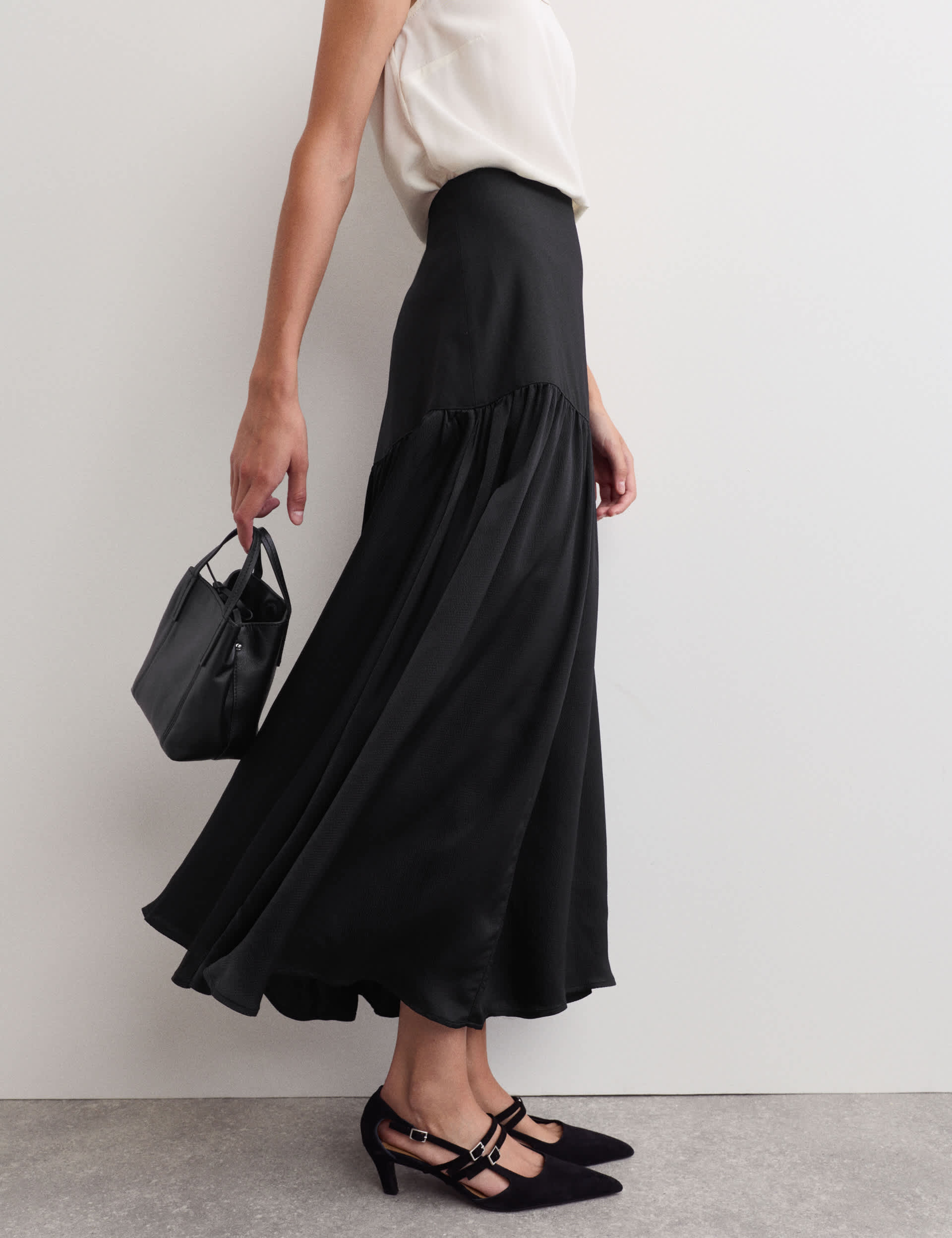 Satin Dropped Waist Maxi A-Line Skirt
