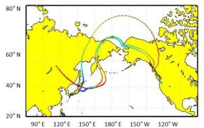 Trajectory of dust plumes crossing Pacific Ocean