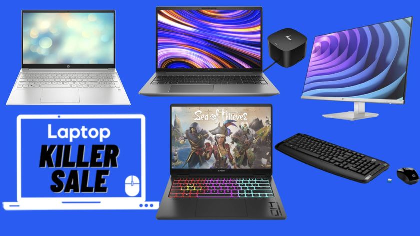 HP laptops and accessories against a blue background