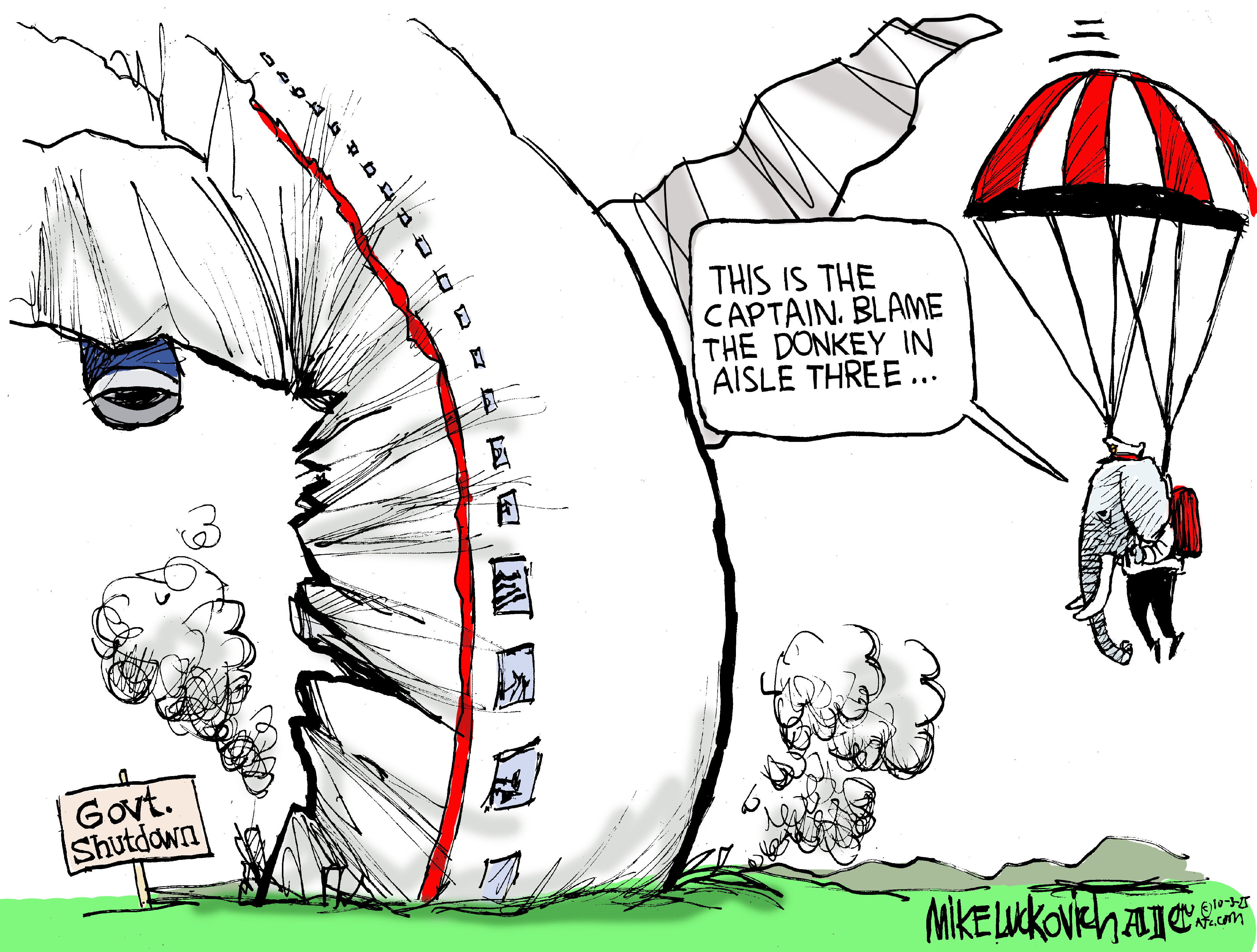 This cartoon illustrates a plane that has crashed nose-first into the ground next to a sign that reads &amp;ldquo;Govt. Shutdown&amp;rdquo; An elephant wearing a parachute glides gracefully to the ground and says, &amp;ldquo;This is the captain. Blame the donkey in aisle three&amp;hellip;.&amp;rdquo;