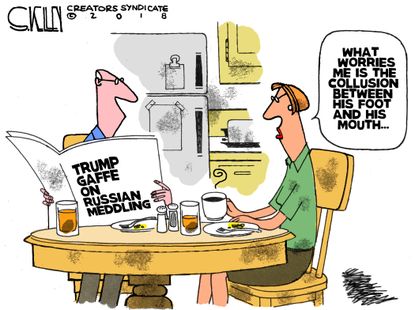 Political cartoon U.S. Trump Putin Helsinki summit collusion gaffe