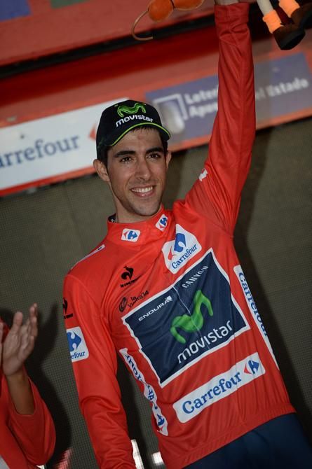 Jonathan Castroviejo (Movistar) wears the red leader's jersey after the team time trial