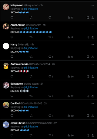 An image of various twitter/x users screaming "SKONG" into the void.