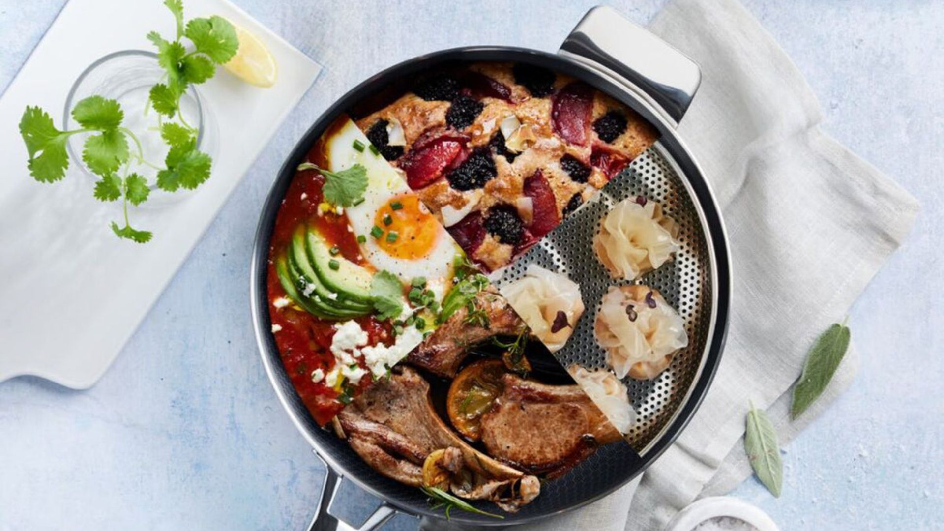 Lakeland 10-in-1 Tri-Ply Only Pan Pro on a white background on a tablecloth with four sections, which showcase the different cooking options