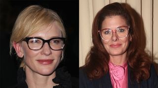 Cate Blanchett and Debra Messing wearing gradient colour frames from the eyeglasses trends 2024