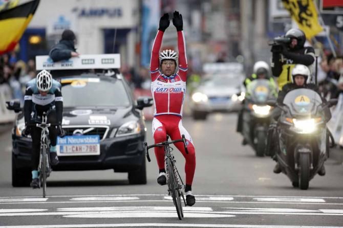 Luca Paolini (Katusha) celebrates victory at Omloop Het Nieuwsblad