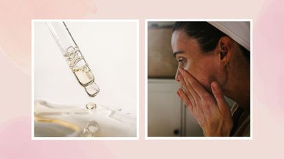 A close up of a glass pipette dripping a clear serum, alongside a close up of a woman cleansing/ applying a serum to her skin/ in a two-picture pink and peach watercolour template