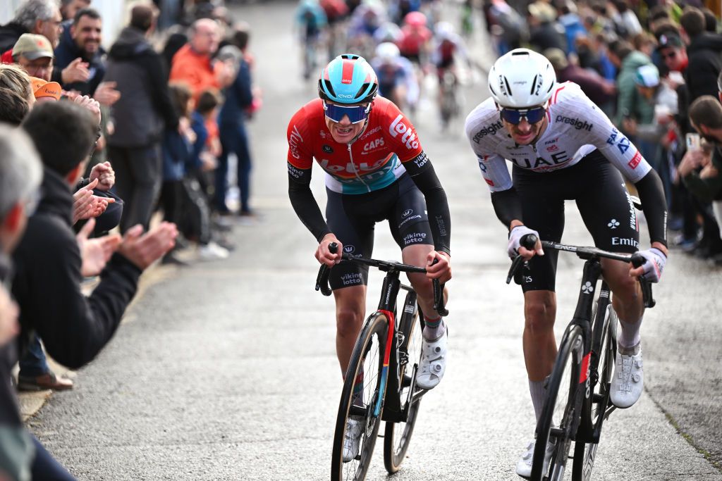 ESTELLALIZARRA SPAIN MARCH 30 LR Maxim Van Gils of Belgium and Team Lotto Dstny and race winner Brandon Mcnulty of The United States and UAE Team Emirates compete in the breakaway while fans cheer during the 33rd Gran Premio Miguel Indurain 2024 a 1981km one day race from EstellaLizarra to EstellaLizarra on March 30 2024 in EstellaLizarra Spain Photo by Tim de WaeleGetty Images
