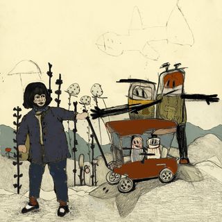 Girlpool's Powerplant album cover has a childlike drawing showing a person pulling a buggy with children across a barren landscape