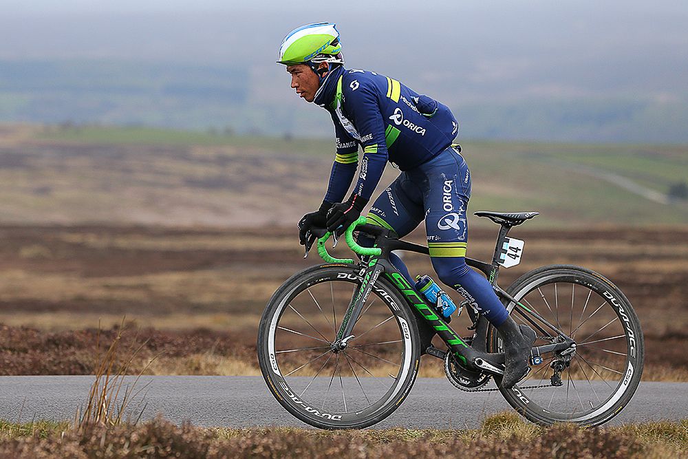 Caleb Ewan battling the elements in Yorkshire