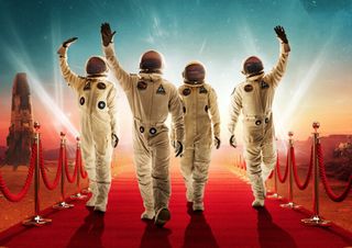 digitally constructed image showing four spacesuited astronauts waving on a red carpet next to a spaceship on Mars.