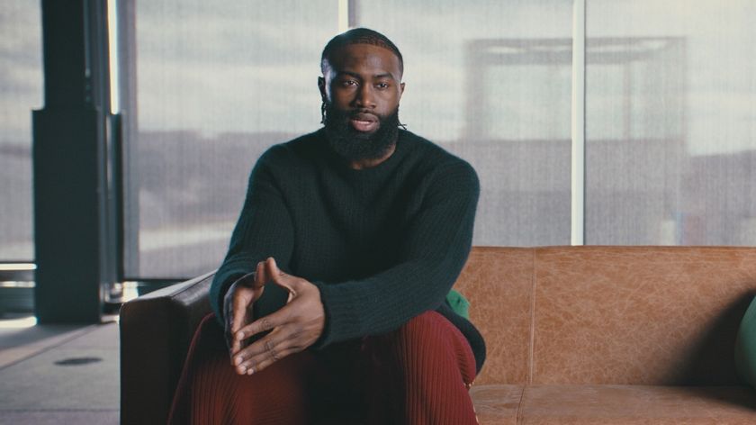 Jaylen Brown sitting for an interview in Celtics City