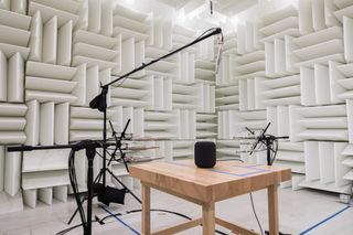 An extremely quiet Noise & Vibration chamber in Apple's sound lab in Cupertino used to measure the noise floor of HomePod.