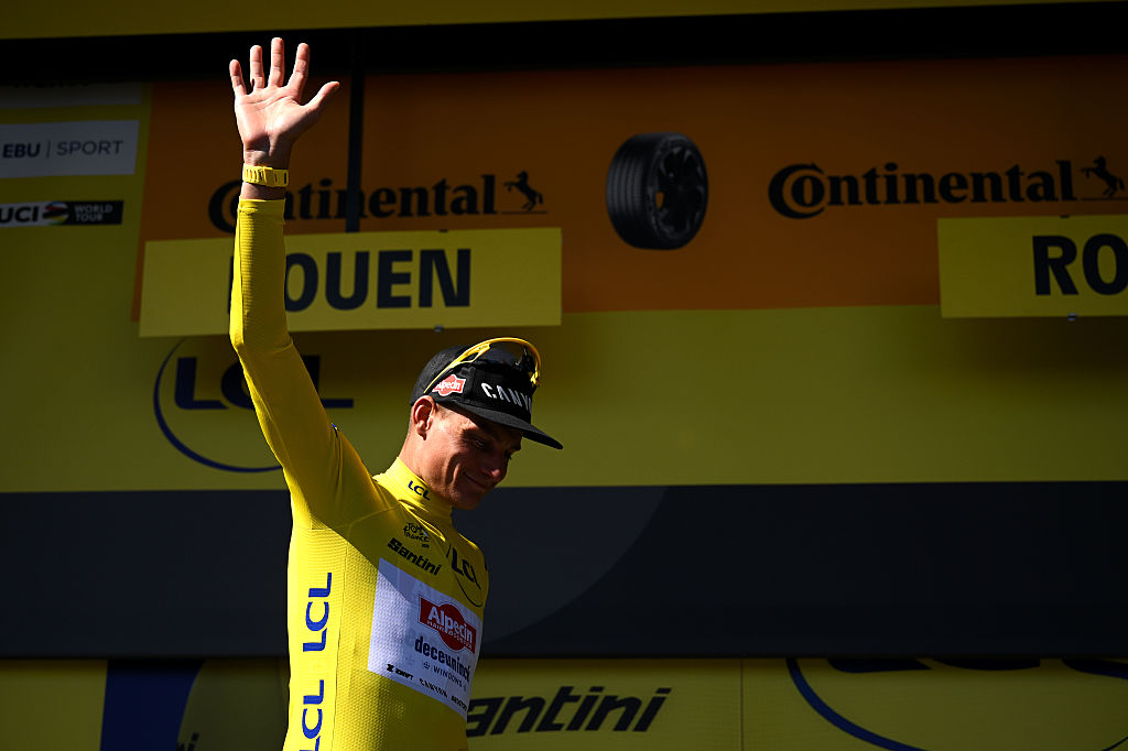 Mathieu Van Der Poel of Netherlands and Team Alpecin - Deceuninck celebrates at podium as Yellow leader jersey winner during the 112th Tour de France, Stage 4 a 174.2km stage from Amiens Metropole to Rouen