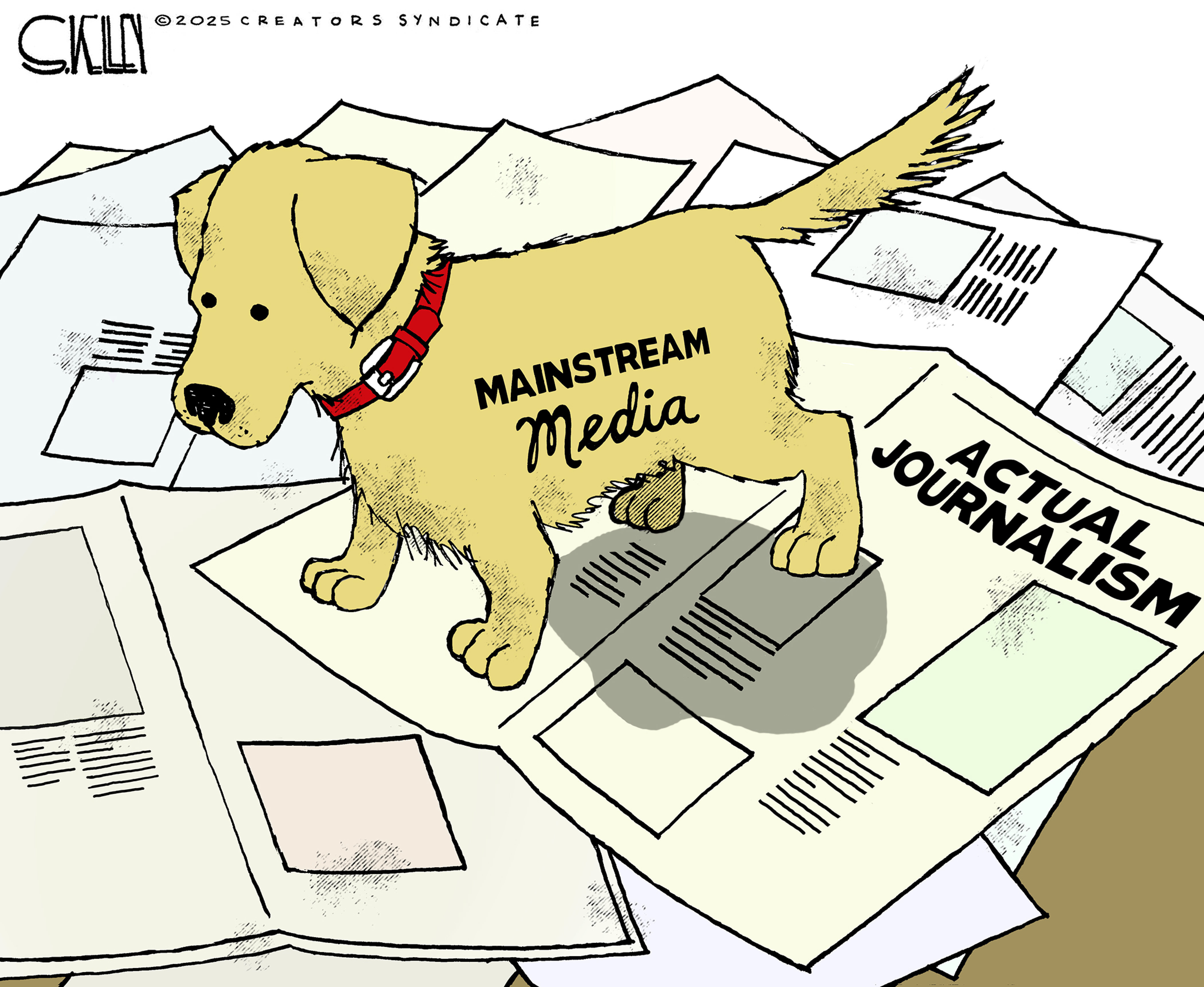An editorial cartoon depicts a cute yellow puppy labeled "MAINSTREAM Media" just after it has urinated on a pile of newspapers titled "ACTUAL JOURNALISM."