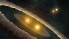 Artist&rsquo;s interpretation of the quadruple-star system HD 98800. the newly discovered triple star system, known as TIC 470710327, has a very similar structure except the outer pair of stars orbiting the central binary pair have merged into a single star.