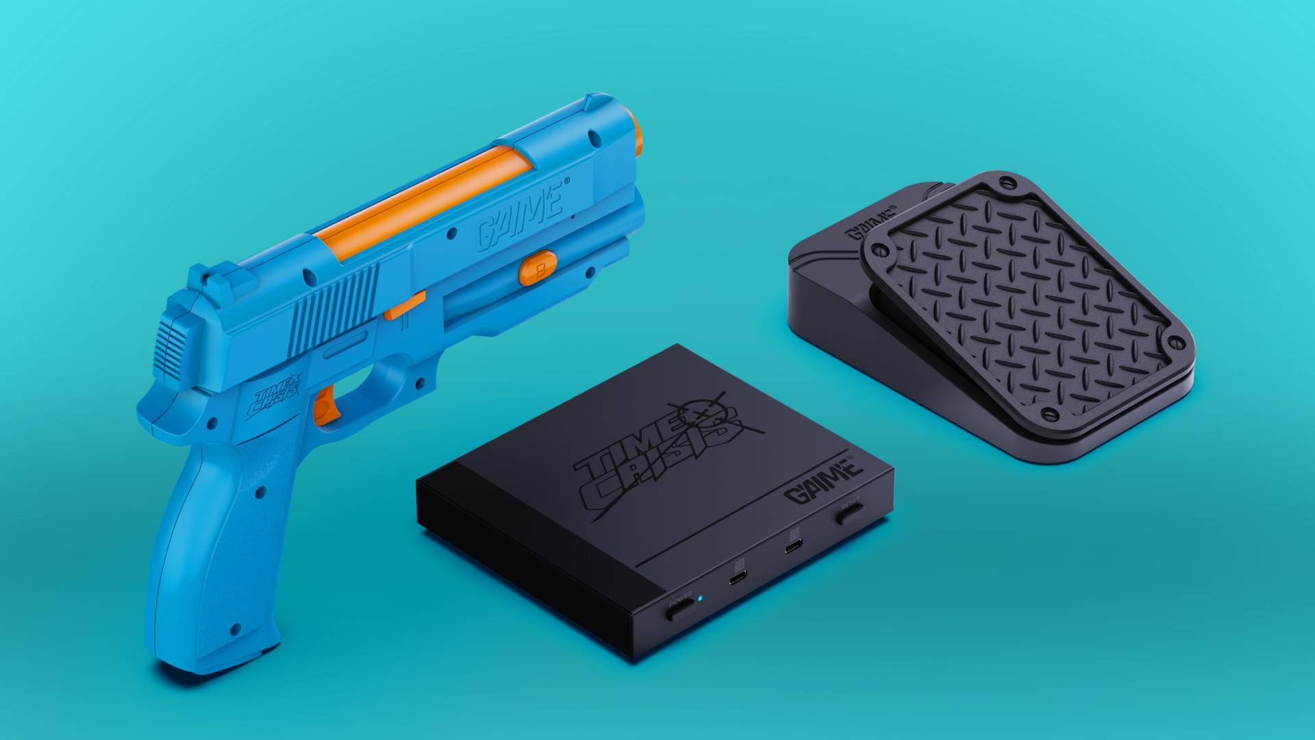 Blue G'aim'e Time Crisis bundle with gun, peddle, and main box on blue backdrop.