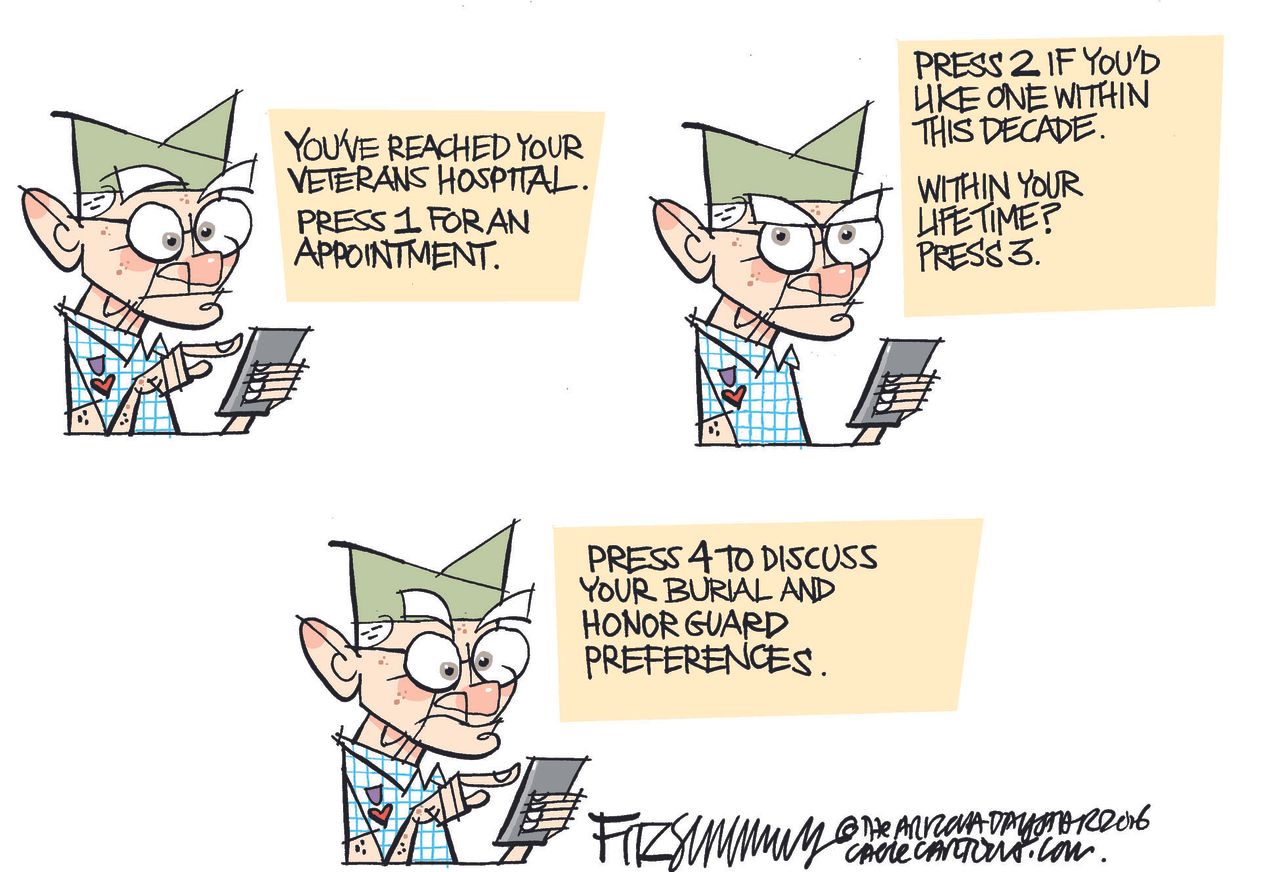 Political cartoon U.S. Veterans health care wait time