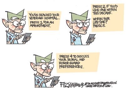 Political cartoon U.S. Veterans health care wait time