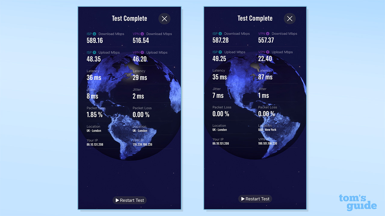 Screenshot of in-app EventVPN speed test results