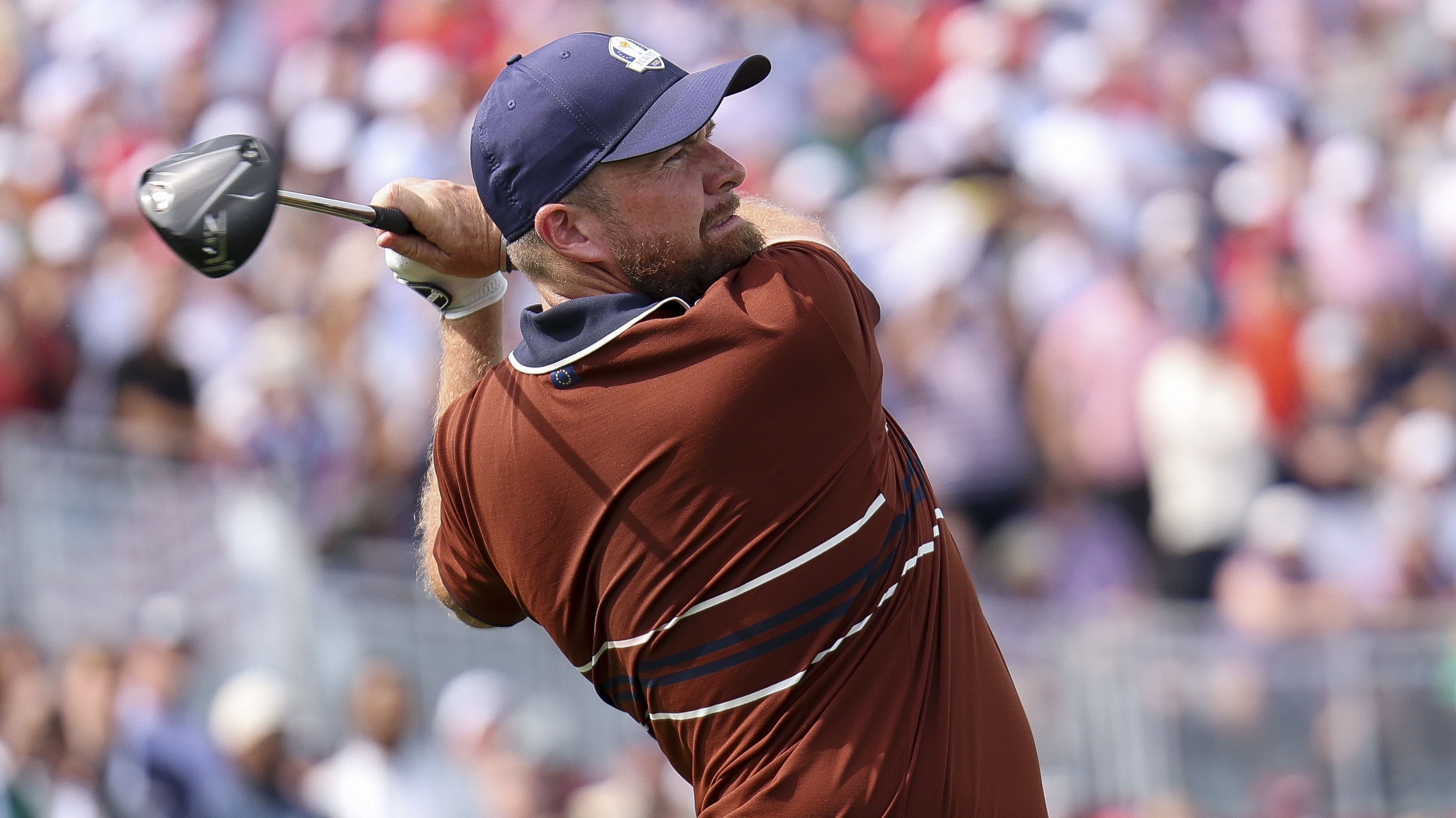 Shane Lowry in action in day 2's afternoon fourballs at the 2025 Ryder Cup.