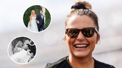Main image of Lexi Thompson smiling while wearing sunglasses and two inset images of Thompson and Max Provost enjoying their wedding day