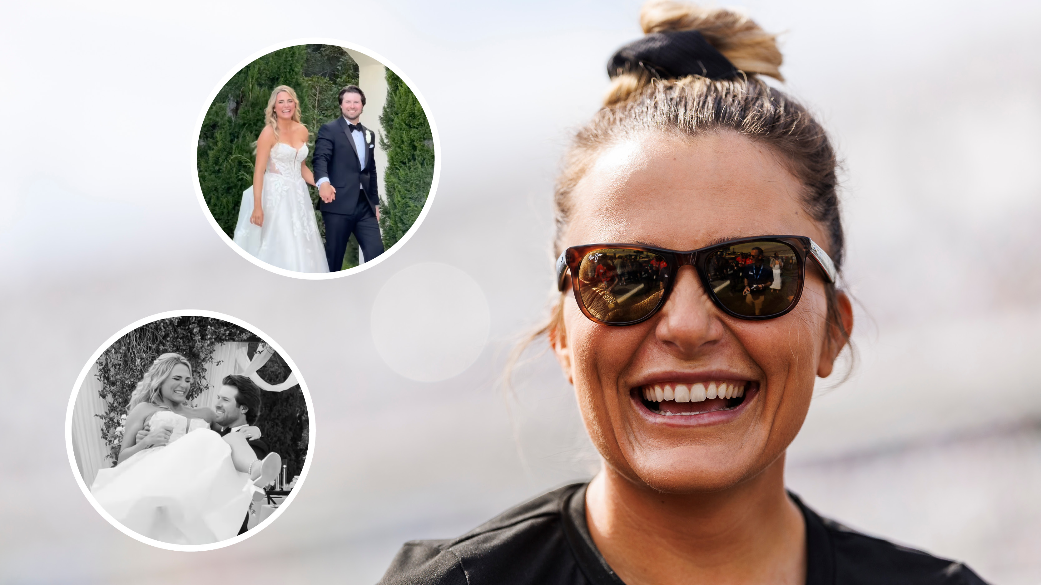Main image of Lexi Thompson smiling while wearing sunglasses and two inset images of Thompson and Max Provost enjoying their wedding day