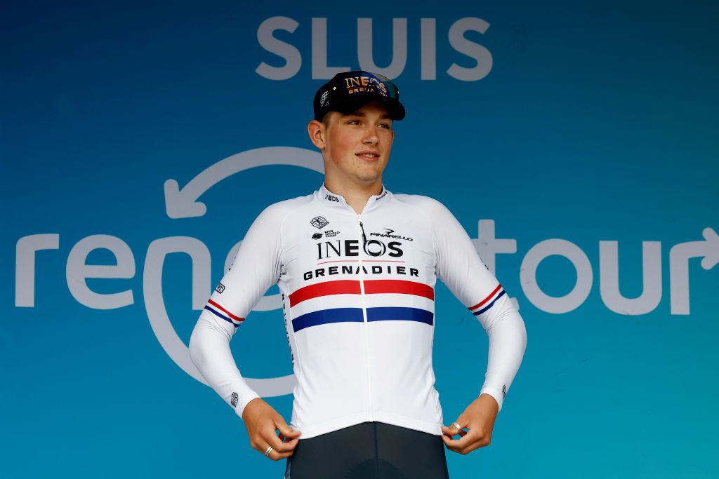 SLUIS NETHERLANDS AUGUST 24 Joshua Tarling of The United Kingdom And Team INEOS Grenadiers celebrates at podium as stage winner during the 19th Renewi Tour 2023 Stage 2 a 136km individual time trial stage from Sluis to Sluis on August 24 2023 in Sluis Netherlands Photo by Bas CzerwinskiGetty Images