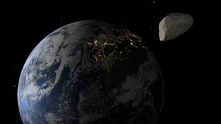 An illustration of Earth in space; a small-ish asteroid is toward the top right.